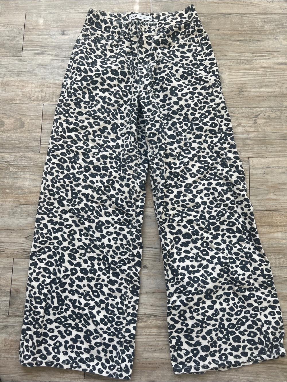 Zara Cream and Black Leopard-Print Wide Leg Pants